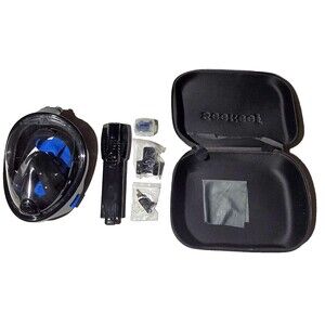 See-Reef Full Face Snorkel Mask Adult X / XL Black Complete w/ Case Blue Webbing